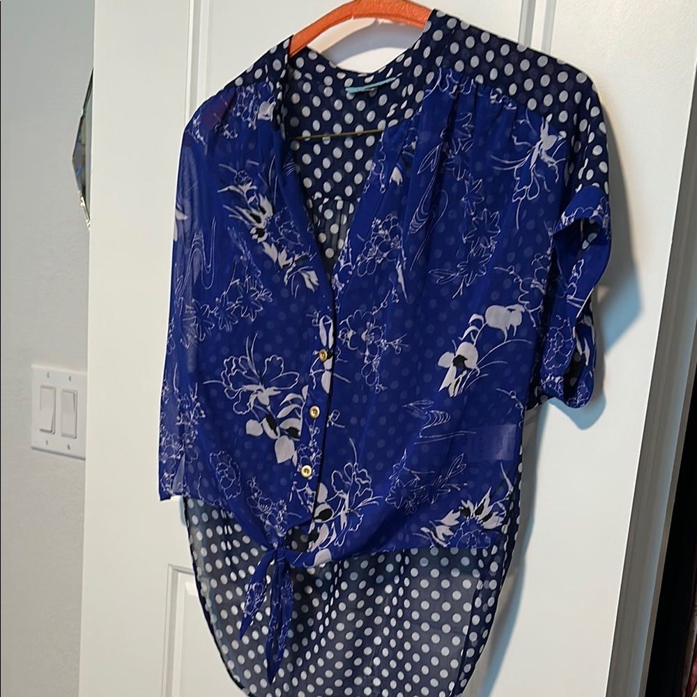 Blue 3/4 Sleeve Tie Front Blouse with Mandarin Collar